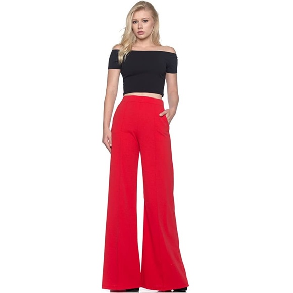 Bright Red Long Wide Leg Flare Bellbottom Palazzo Pants | Size Small - Picture 2 of 3